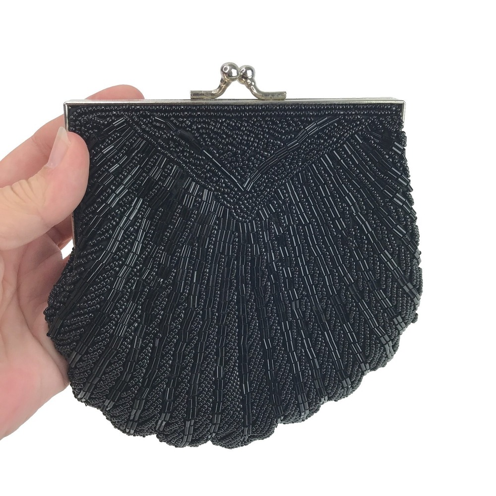 Vintage Seashell Black Beaded Clutch Bag Kiss Lock (No Shoulder Chain)